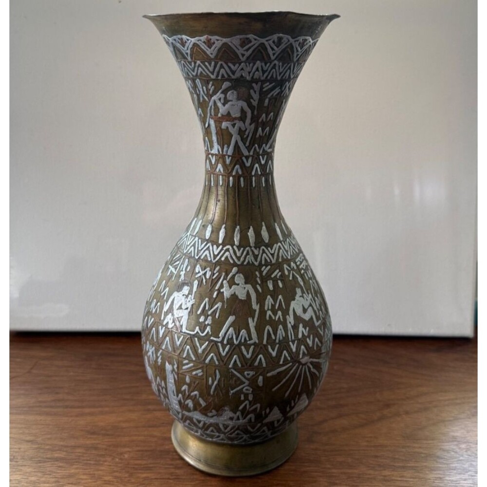 Vintage Egyptian Brass Vase, Silver & Copper Tone Inlay, Middle Eastern 11.5"